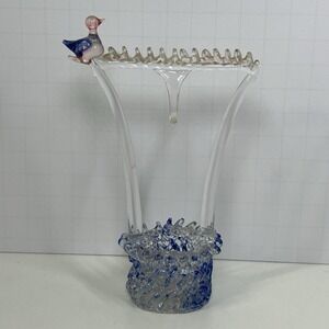 Vintage Acrylic Bird Sculpture Clear Blue Pink Perch 5.5" Wishing Well Ring Hold